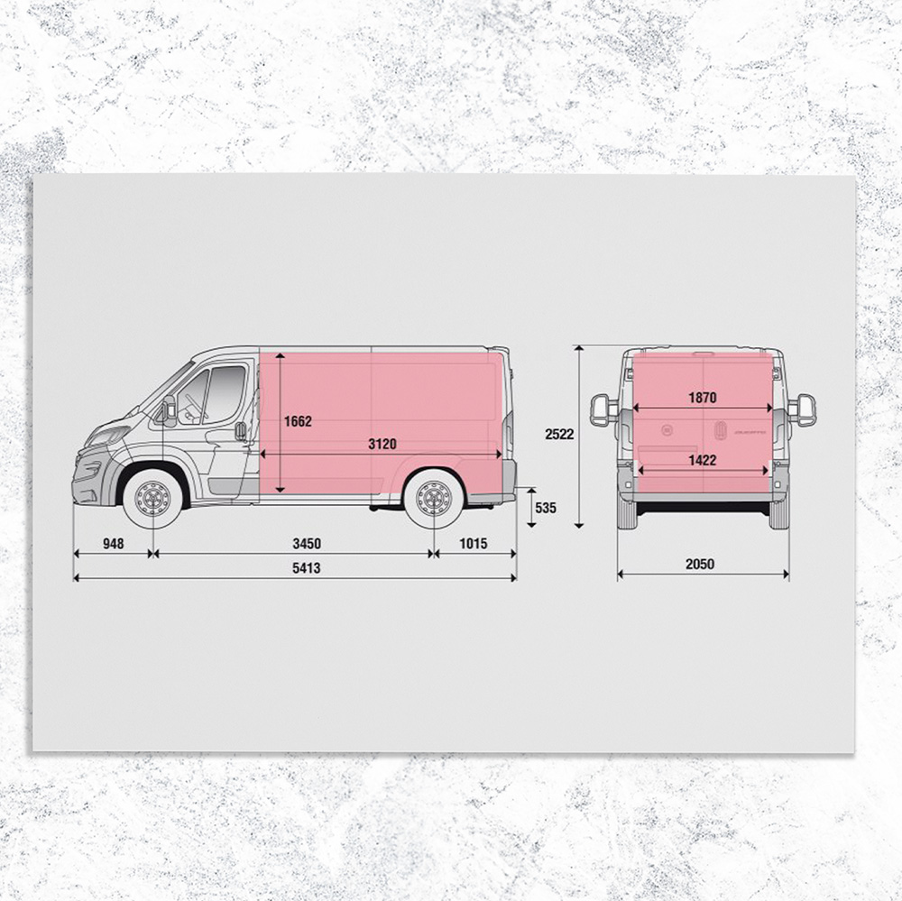 Fiat Ducat Zeichnung, Maße des Modells L1 H1